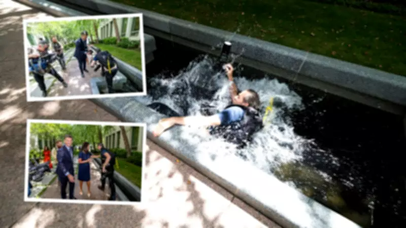 Photographer Takes a Tumble into Water Feature While Chasing New Liberal Leader Angus Taylor