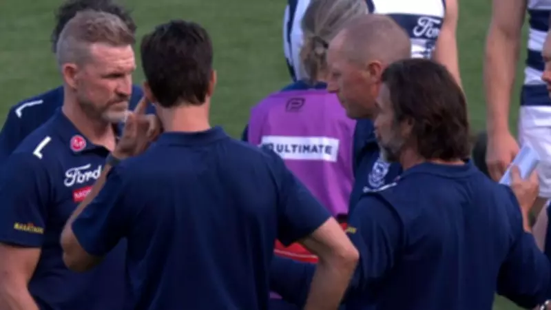 Geelong Coach Chris Scott in Heated Exchange with Assistant Nathan Buckley After Poor Start