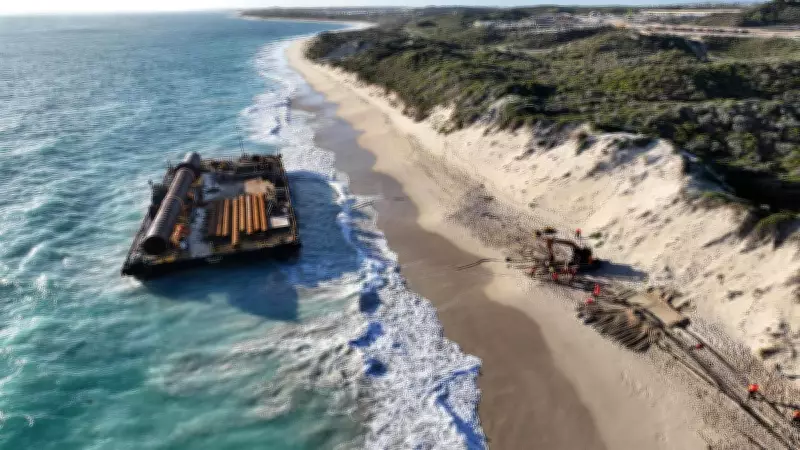 Massive Barge Washes Ashore at Alkimos Beach After Storm Breaks Moorings