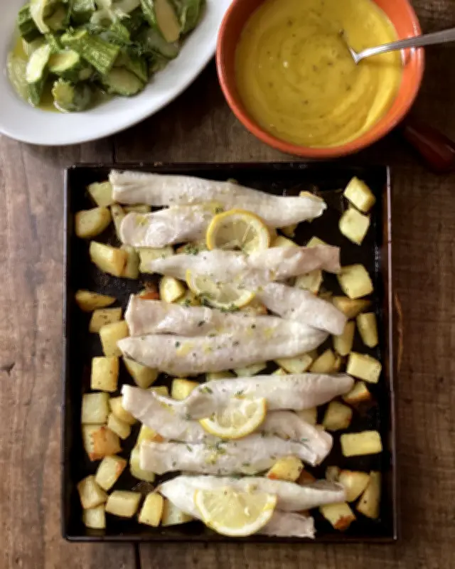 Baked Fish and Potatoes with Oregano and Lemon Mayonnaise Recipe