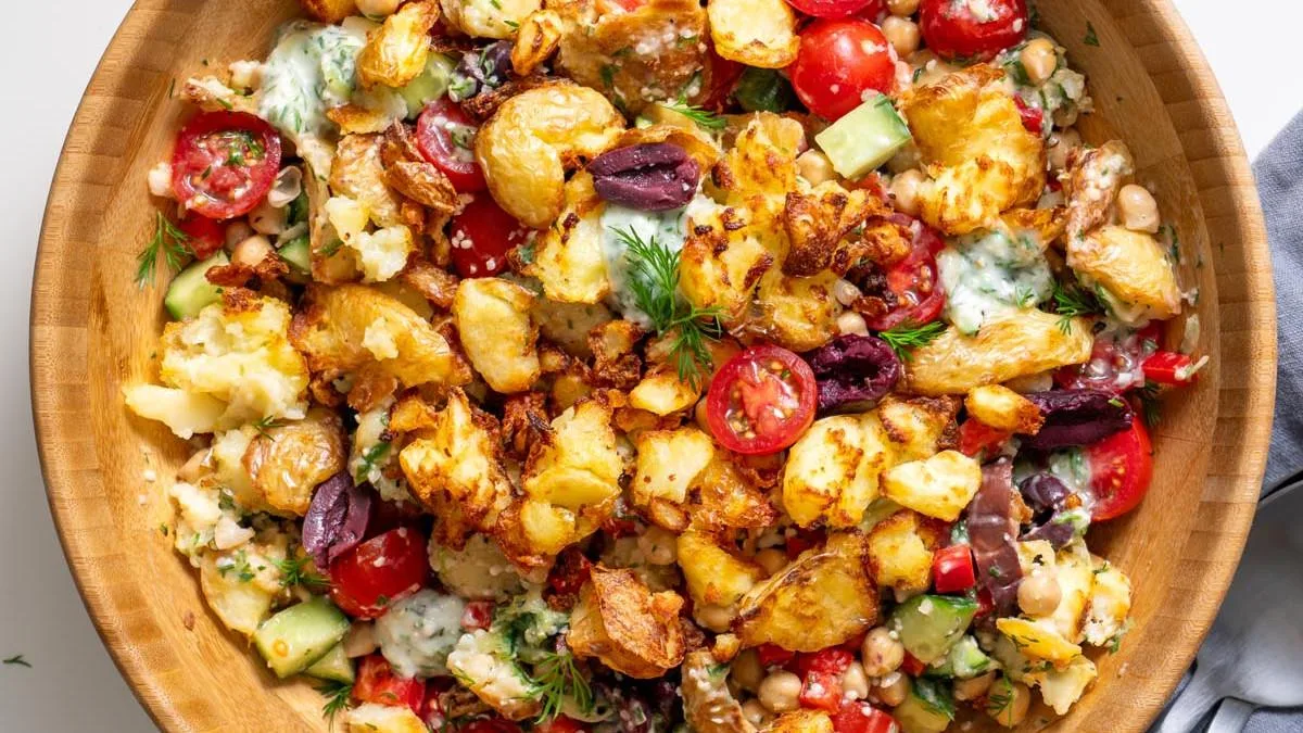 Plant Baes Viral Crispy Potato Salad Recipe: Smashed Potatoes with Dairy-Free Tzatziki