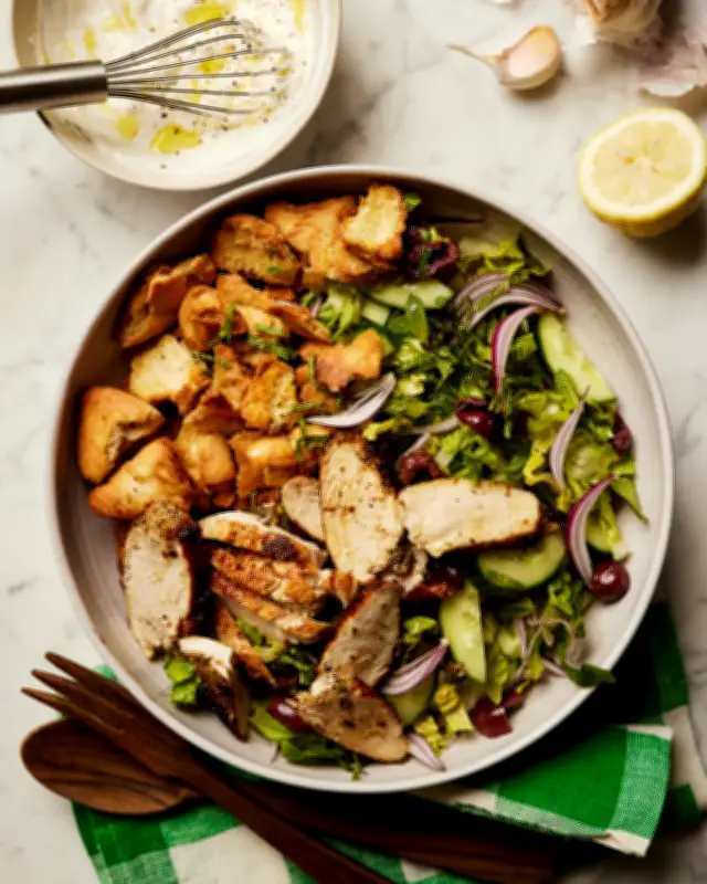 Quick Chicken Souvlaki Salad Recipe with Tzatziki Dressing
