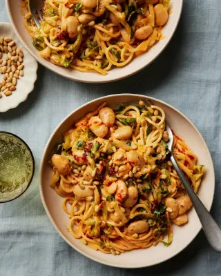 Spaghetti with Spring Greens, Butter Beans and Harissa Recipe
