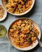 Spaghetti with Spring Greens, Butter Beans and Harissa Recipe