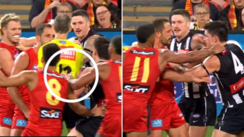 Brawl erupts between Gold Coast and Collingwood as Maynard hits umpire
